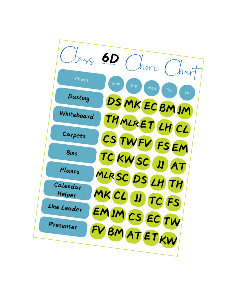 This is an image of the Classroom Chore Chart in use. Free Classroom Resources.